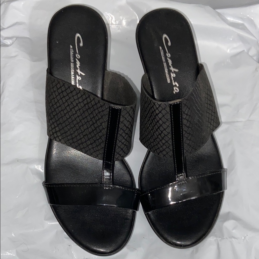 Comtesa Italian Shoemakers Black Wedge Slide Sandals Size 8.5
